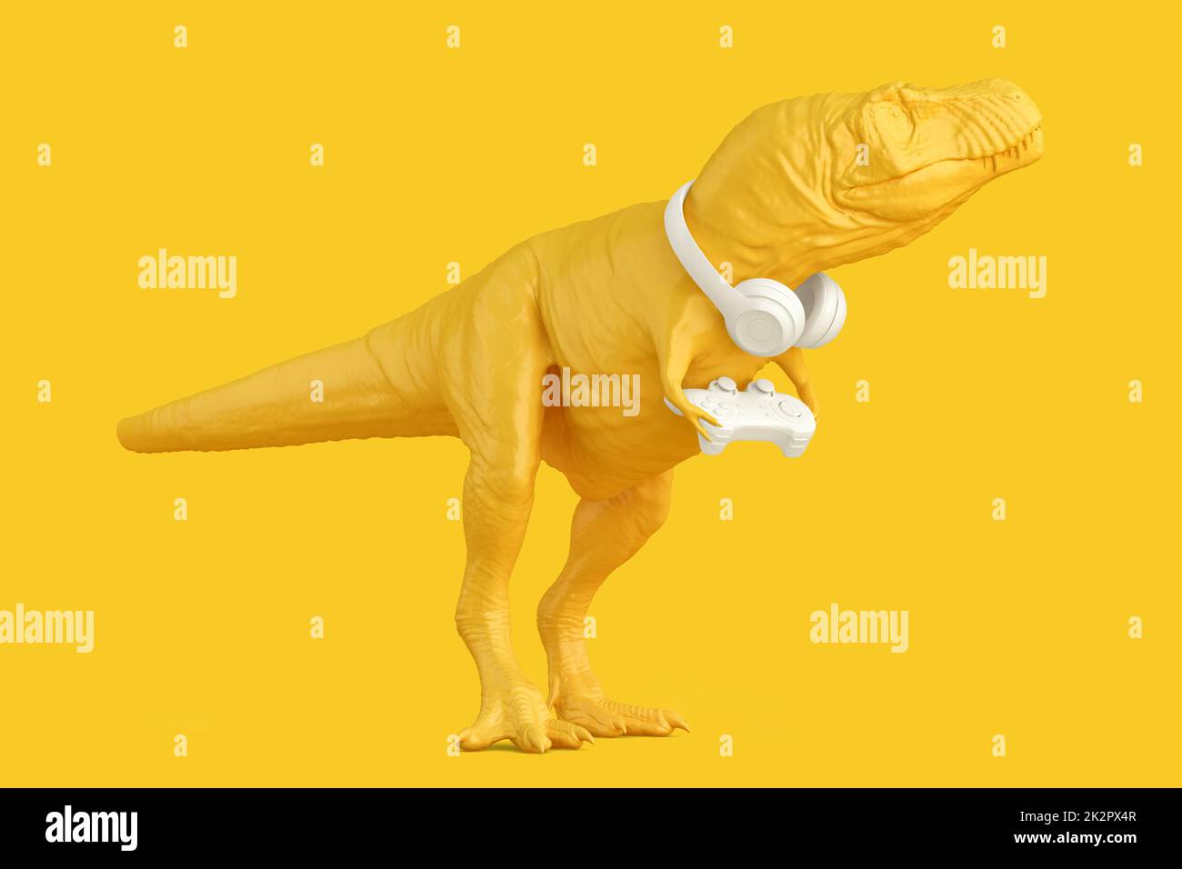 T-rex con controller di gioco e altri accessori. Concetto di tecnologia. Rendering 3D Foto Stock