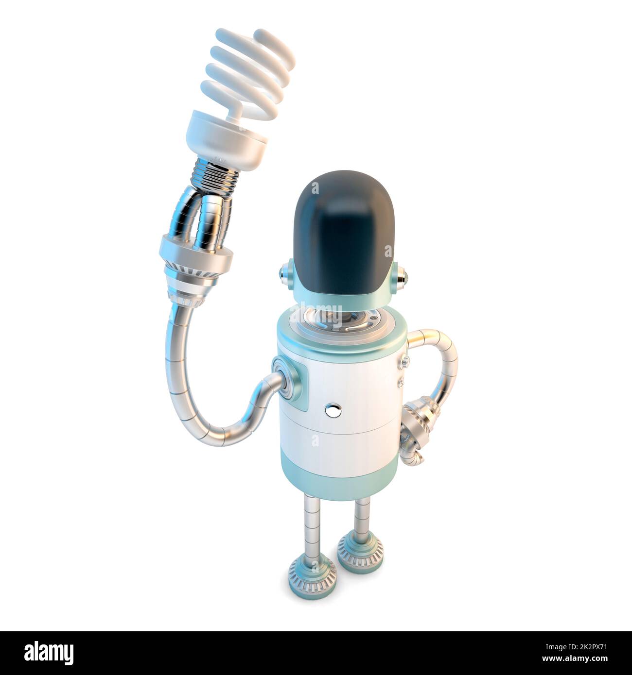 Robot con lampadina a risparmio energetico. Illustrazione 3D. Isolato su sfondo bianco Foto Stock