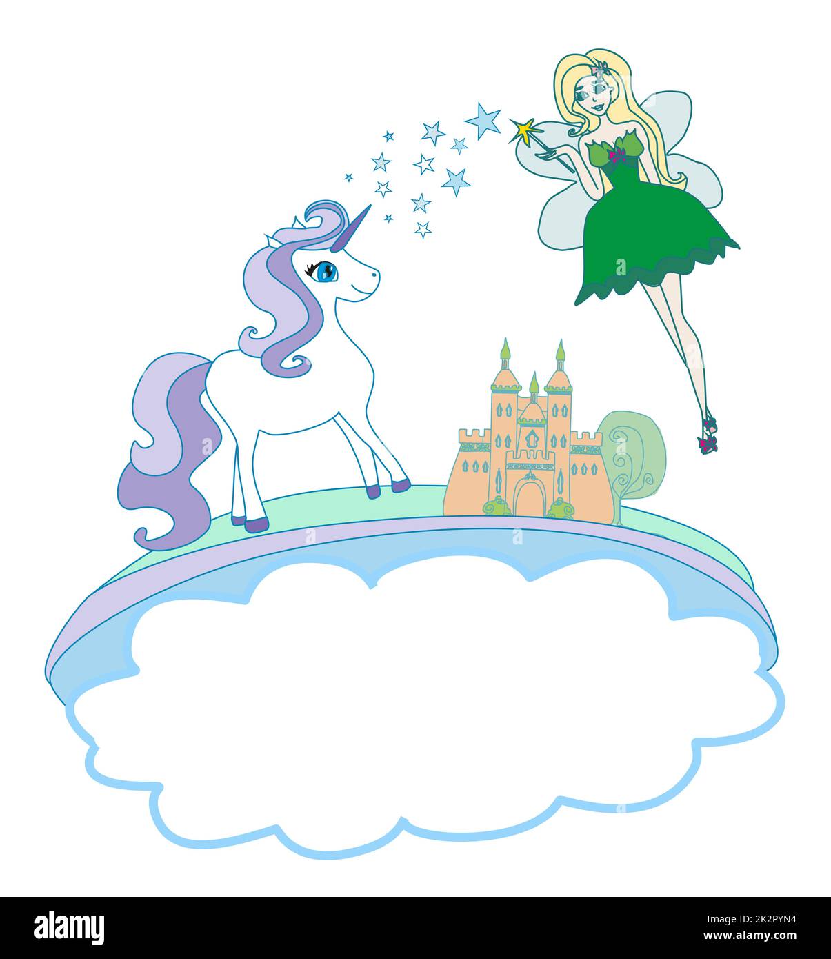 Castello, Unicorn e fiabesco - doodle illustrazione Foto Stock