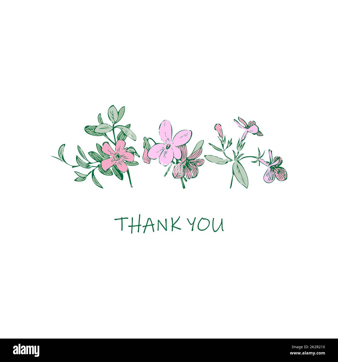 Biglietto floreale per l'invito di nozze. Fiori selvatici, gambi, foglie di colore rosa verde pastello su sfondo bianco. Illustrazione vettoriale, biglietto d'auguri, logo, design di branding, poster, stampa, compleanno Foto Stock