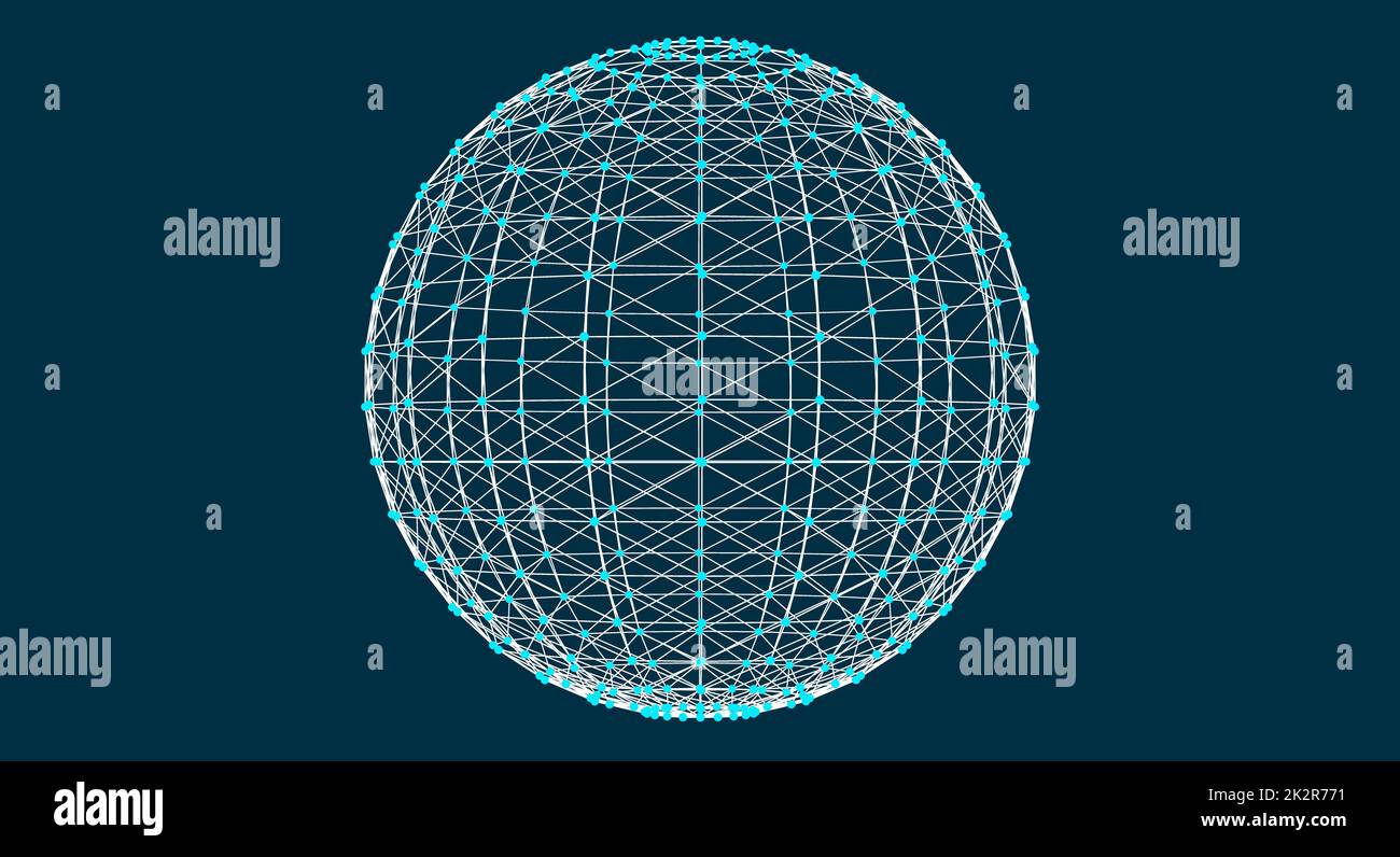 sfera 3d con effetto mesh, connessioni astratte con punti sono nello spazio, pianeta trasparente, illustrazione vettoriale Foto Stock