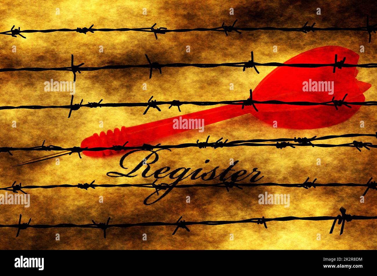 Registra testo e dart contro barbwire Foto Stock