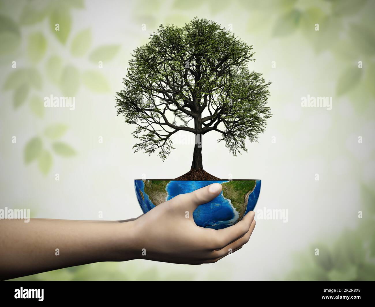Mani che tengono un albero di quercia piantato su un globo. Concetto di sostenibilità. Illustrazione 3D Foto Stock