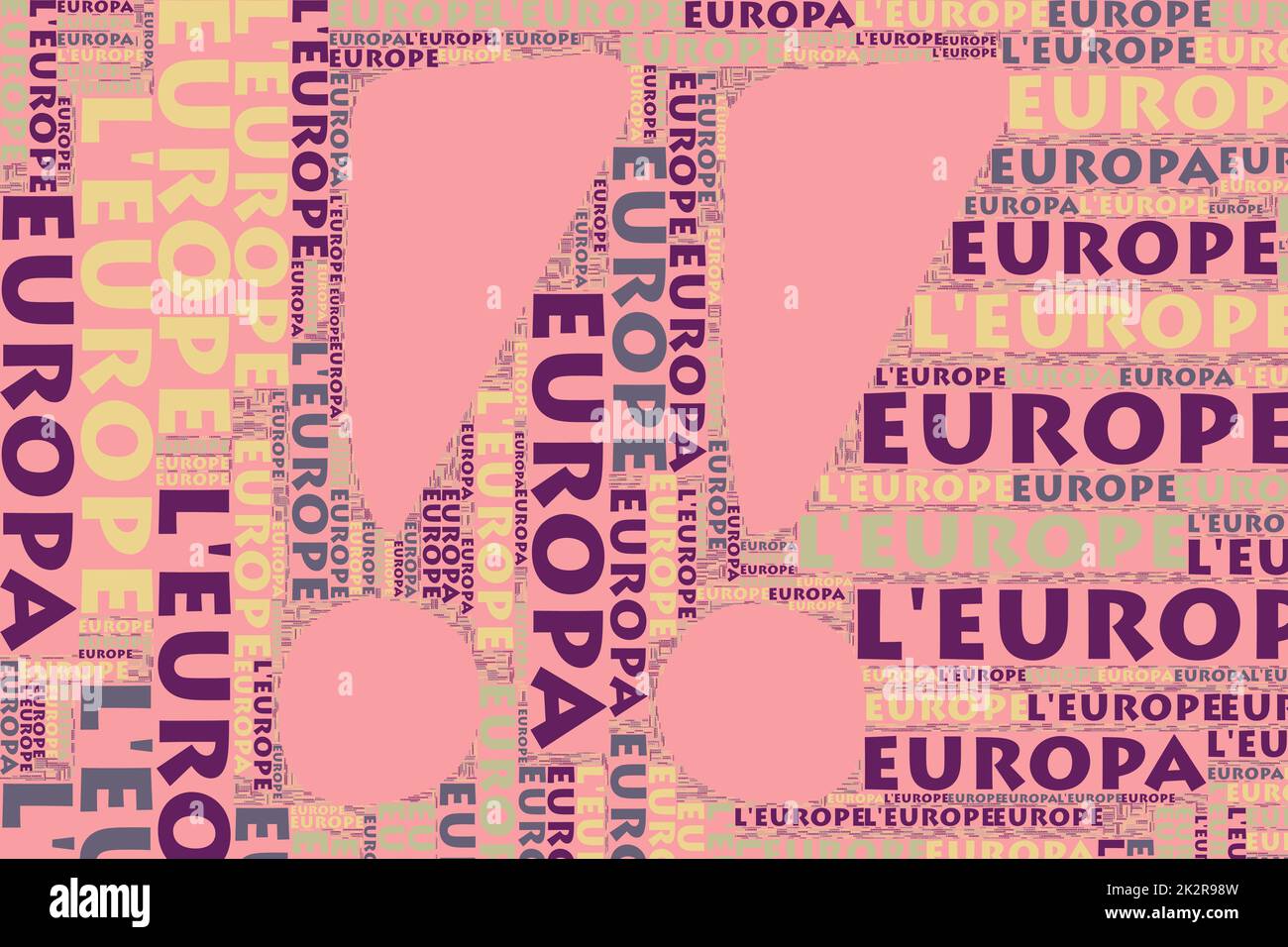 Le parole 'Europa, Europa, l'Europa, ' come Word Art, Word Cloud, Tag Cloud in diverse lingue con Copy Space. Foto Stock