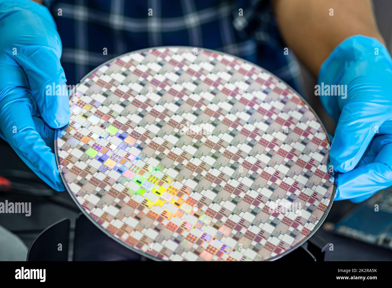 Wafer di silicio per la fabbricazione di semiconduttori di circuiti integrati. Foto Stock