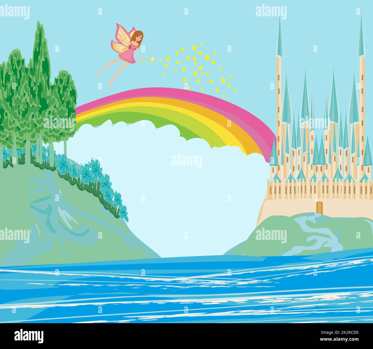 Fairy volare al di sopra di castello Foto Stock