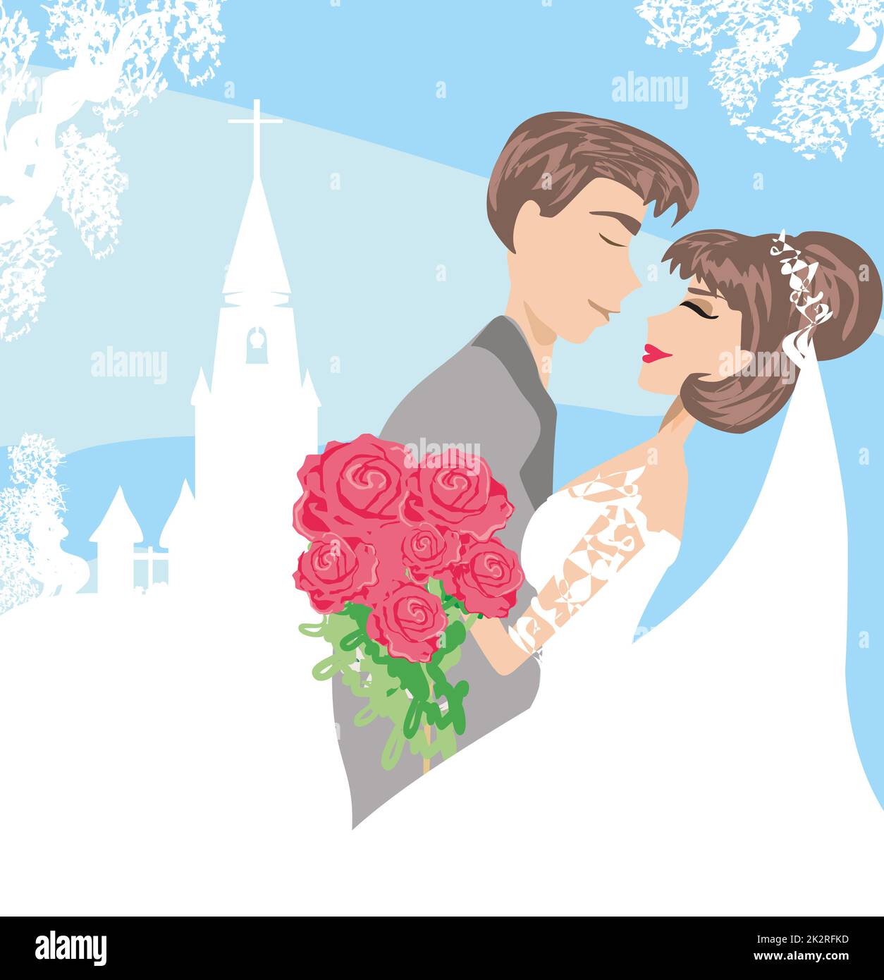 Sposi davanti a una chiesa Foto Stock