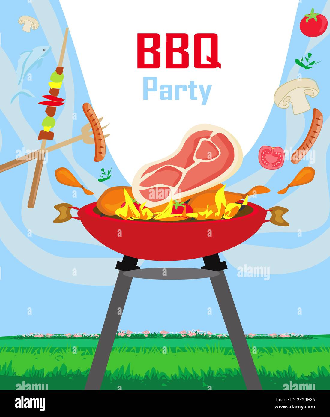 Barbecue e griglieria. Poster modello con illustrazione della griglia Foto Stock