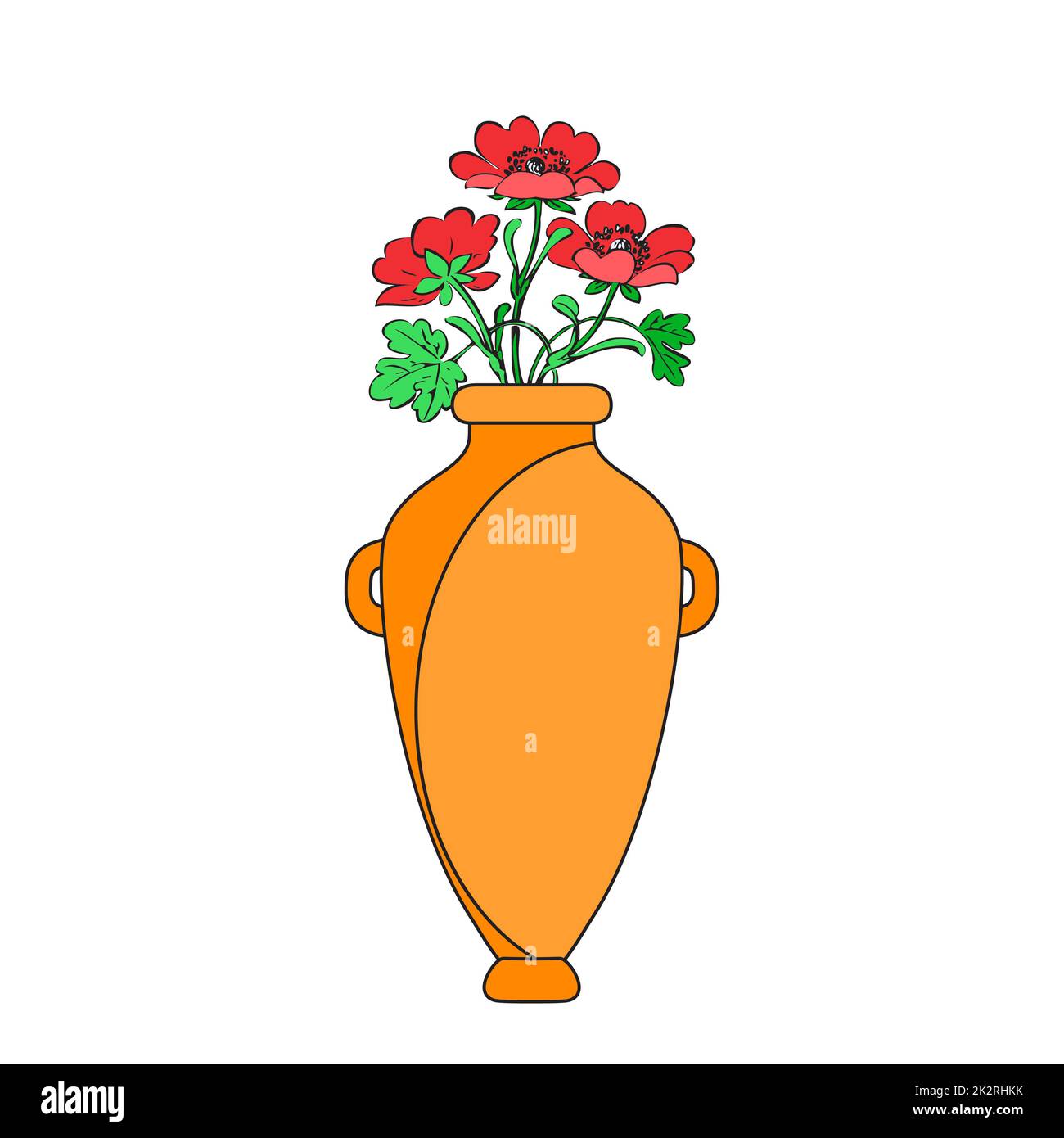Vasi colorati con fiori in fiore per decorazioni e interni. Bouquet di papavero rosso in vaso giallo isolato su sfondo bianco. Illustrazione vettoriale Foto Stock
