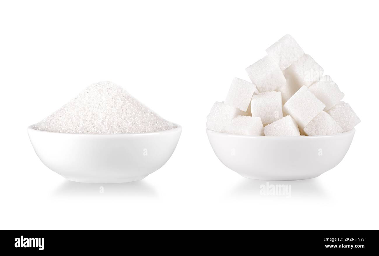 Set di ciotola di zucchero bianco isolato su sfondo bianco Foto Stock
