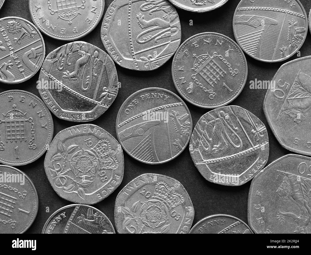 Monete in sterline, Regno Unito in bianco e nero Foto Stock