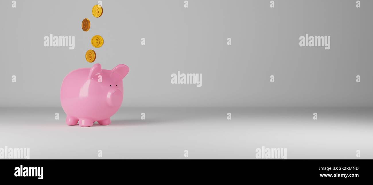 Cadendo monete con una banca rosa piggy su una parete grigia Foto Stock