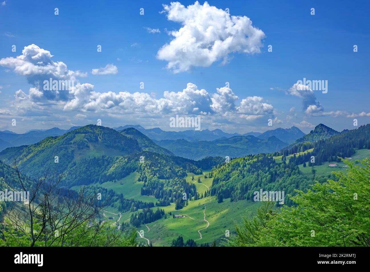 Germania, Baviera, alta Baviera, primo piano: alpi del chiemgau, sfondo: Montagne mangrate, cumulus nuvole, paesaggio Foto Stock
