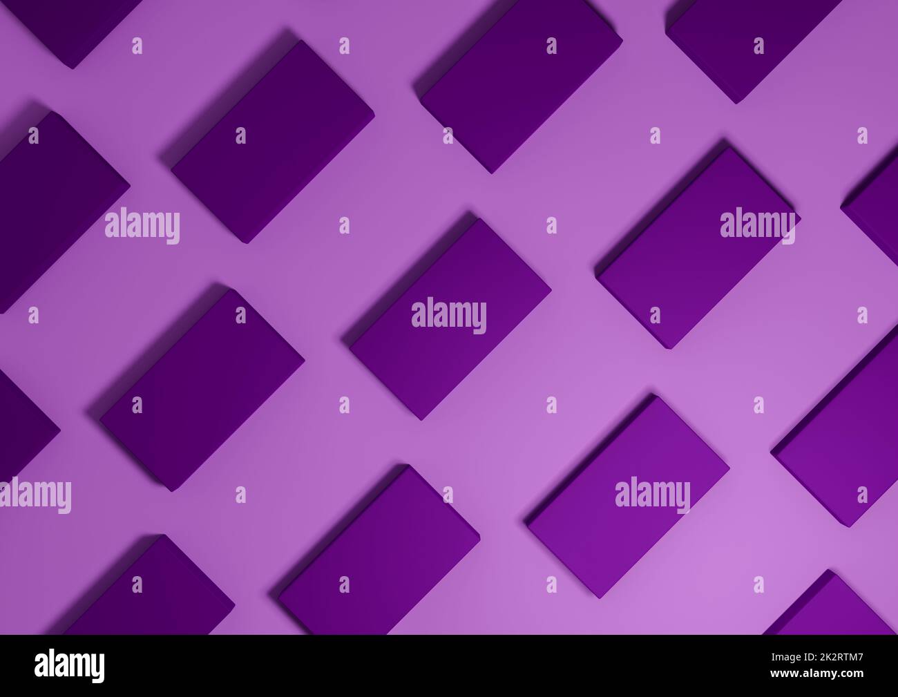 Viola brillante, viola, rendering 3D visualizzazione minima, semplice, moderna vista dall'alto piatto prodotto lay da sopra sfondo con ripetitivo quadrato stand in un modello Foto Stock