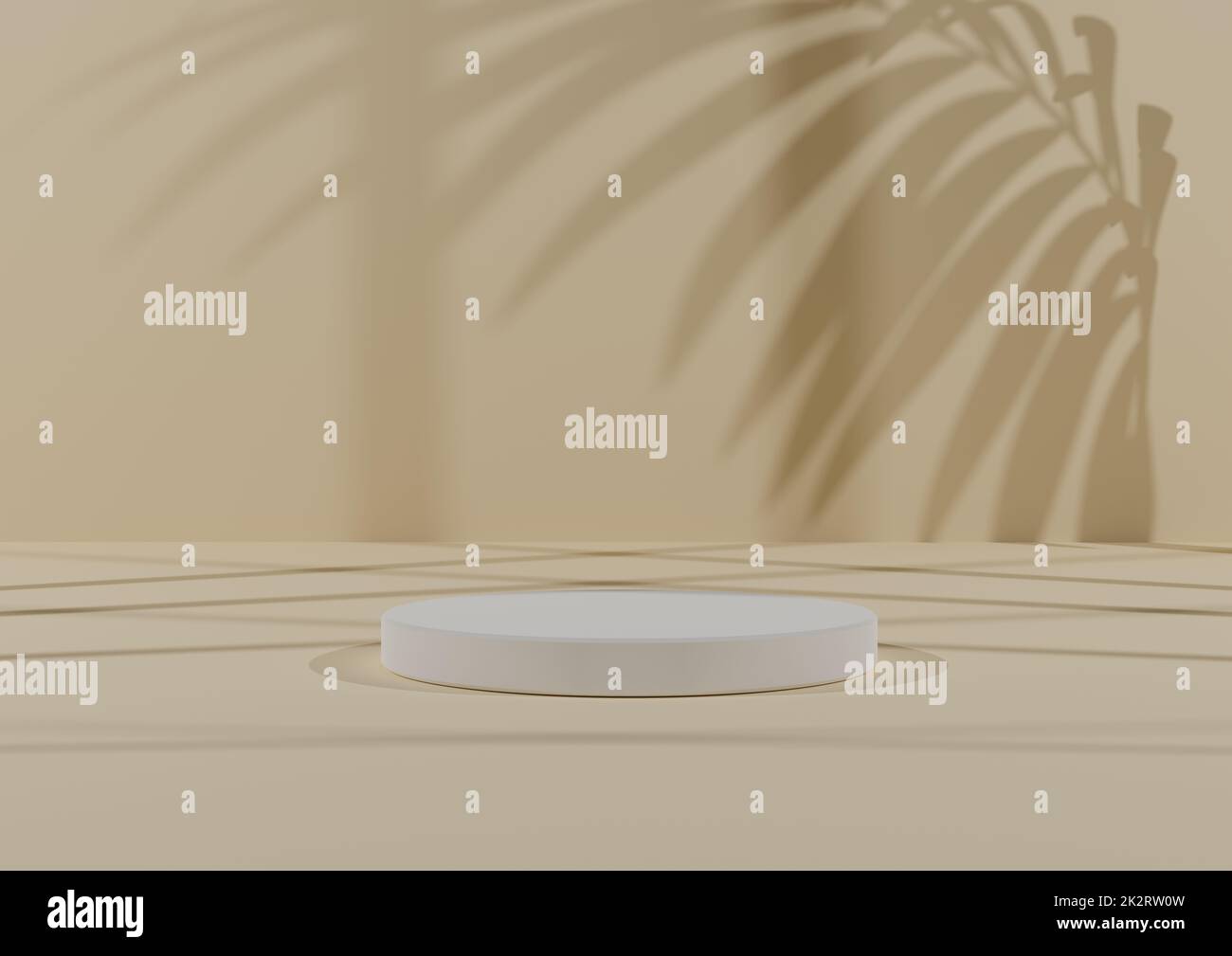 Composizione semplice e minimale del rendering 3D con un podium a cilindro bianco o supporto su una luce ombra astratta, sfondo giallo pastello per la visualizzazione del prodotto. Foto Stock