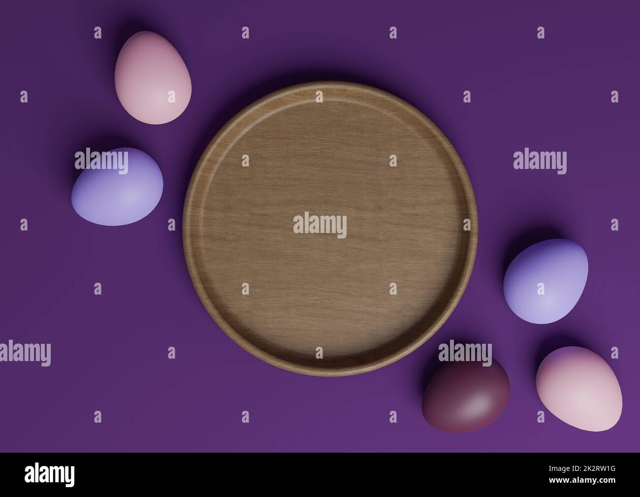 Viola scuro, viola 3D rendering top view piatto lay prodotto display podio o stand con colorate uova di Pasqua e piatto di legno minimale e semplice Foto Stock
