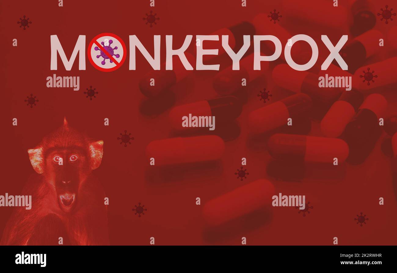 Concetto di epidemia di Monkeypox. Monkeypox è causato dal virus monkeypox. Pillole per il trattamento monkeypox. Nuovo concetto di medicina antivirale. Regime di trattamento per arrestare e prevenire l'epidemia di vaiolo delle scimmie. Foto Stock