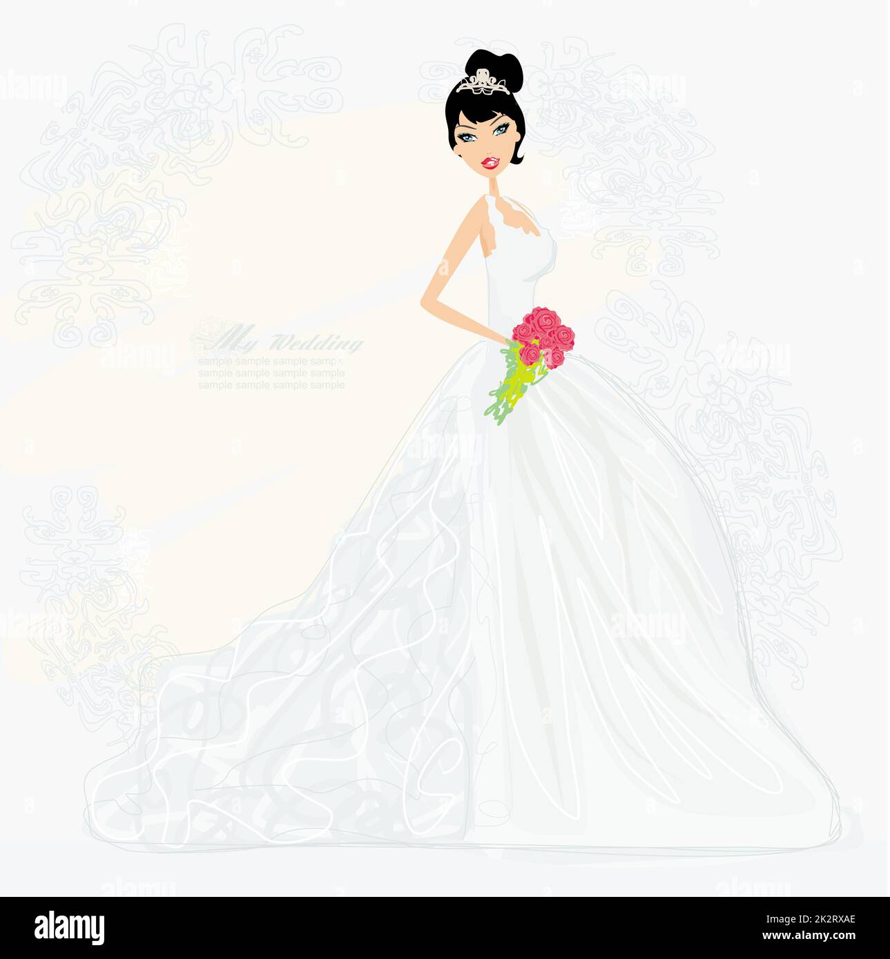 Bella Sposa con rose rosse card Foto Stock