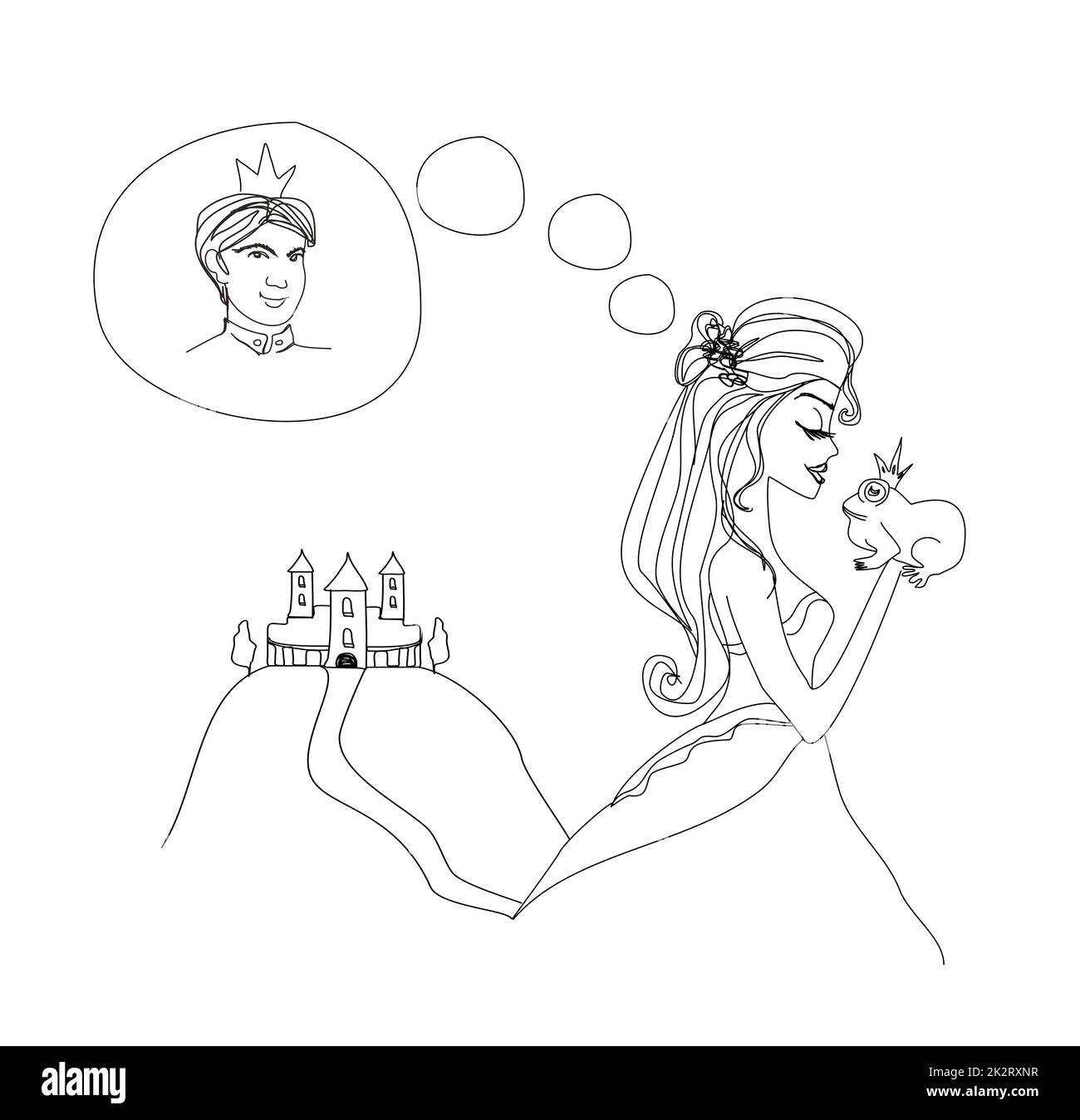 Giovane e bella principessa baciare una grande rana doodle illustrazione Foto Stock