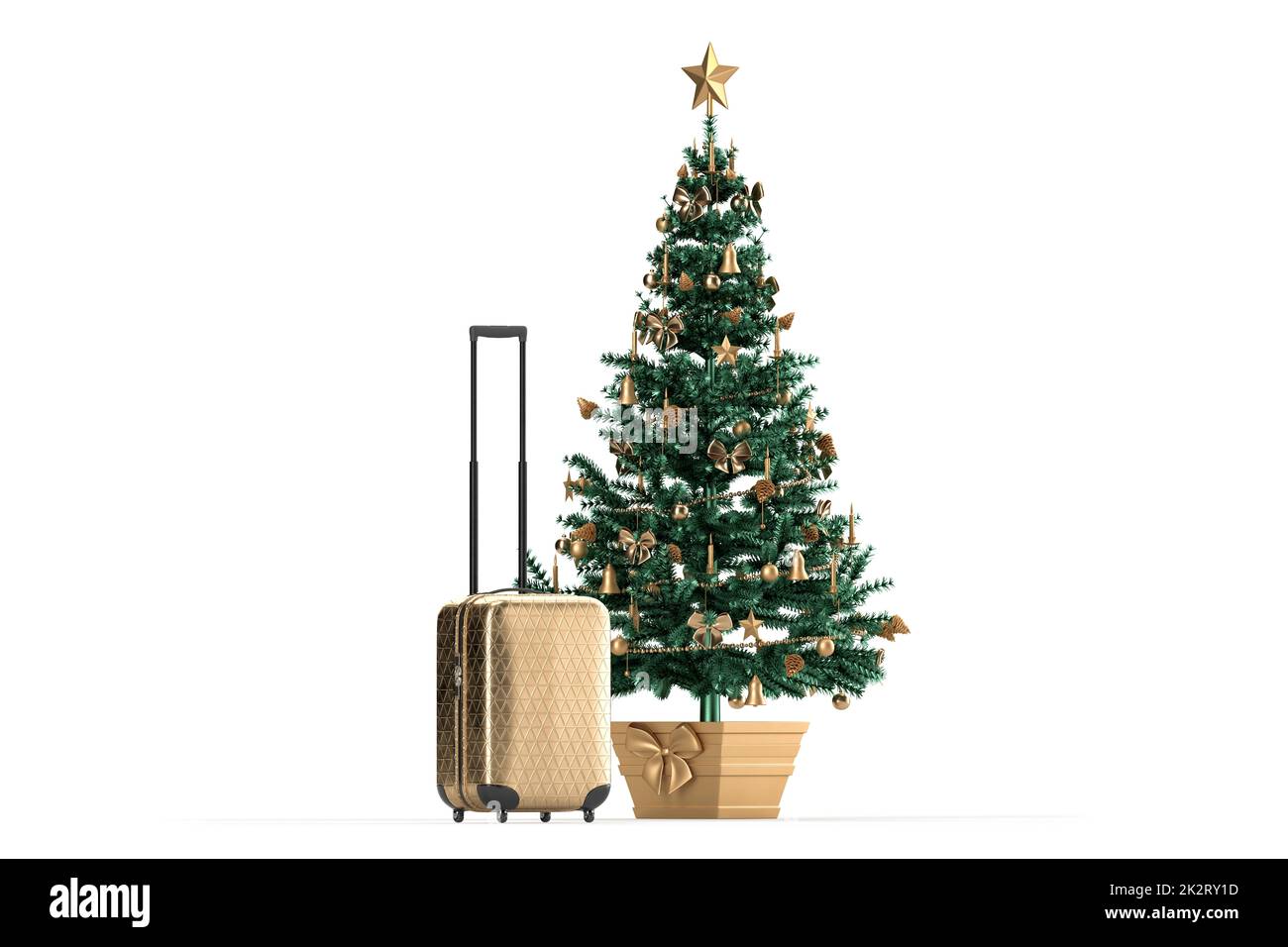 Albero di Natale e valigia da viaggio. Vacanza di Natale concetto. Isolato. 3D rendering Foto Stock