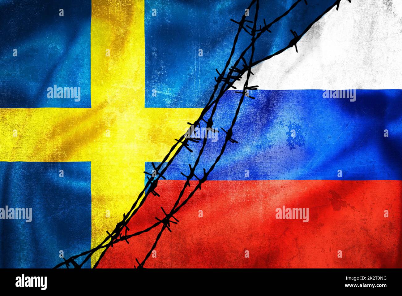 Bandiere di grunge della Federazione Russa e della Svezia diviso per l'illustrazione del filo di chiatta Foto Stock
