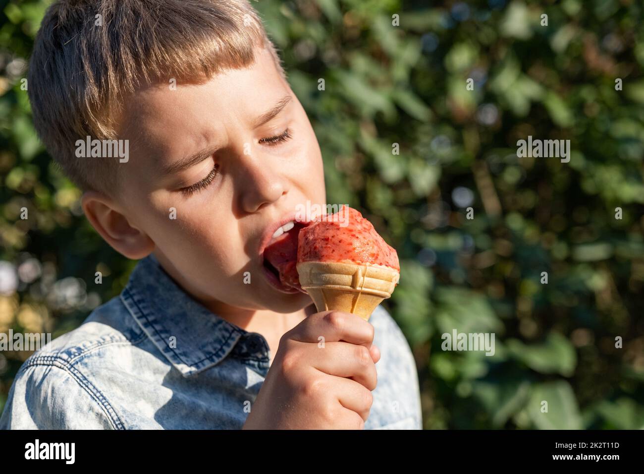 Biondo ragazzo che mangia gelato alla fragola nel parco nella calda e soleggiata giornata estiva. Foto Stock