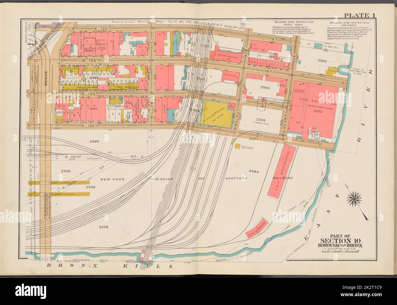 Cartografica, Mappe. 1942. Lionel Pincus e la Principessa Firyal Map Division. Real Property , New York (state) , New York (N.Y.), Bronx (New York, N.Y.) , Mappe Double Page Plate No. 1, parte della Sezione 10, Borough of the Bronx: Bounded by Southern Boulevard, E.13Quinto Street, (East River) Locust Avenue, (Bronx uccide) E. 132nd Street, Cypress Avenue e Triborough Bridge Foto Stock