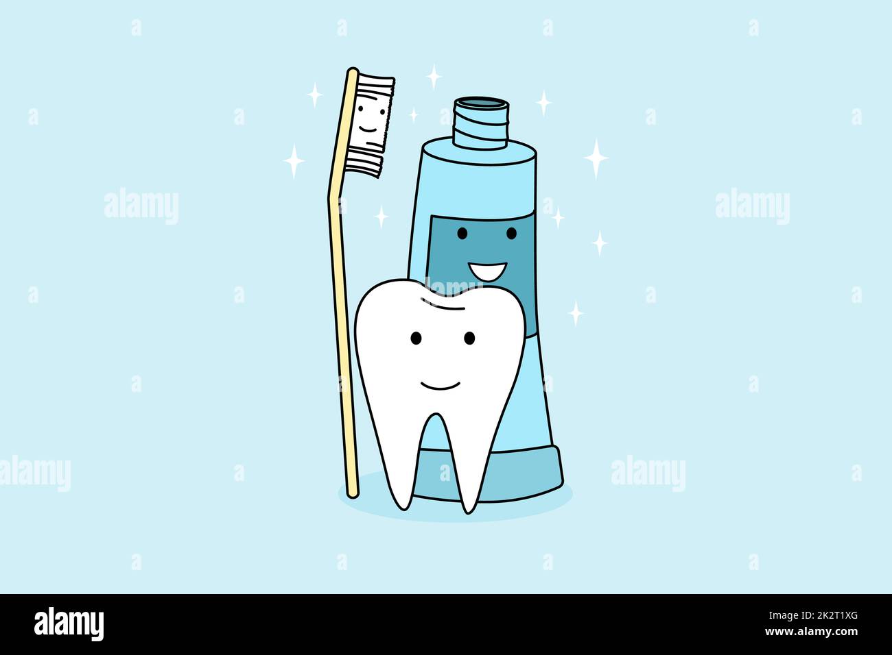 Denti sorridenti, spazzolino da denti e dentifricio sono positivi Foto Stock