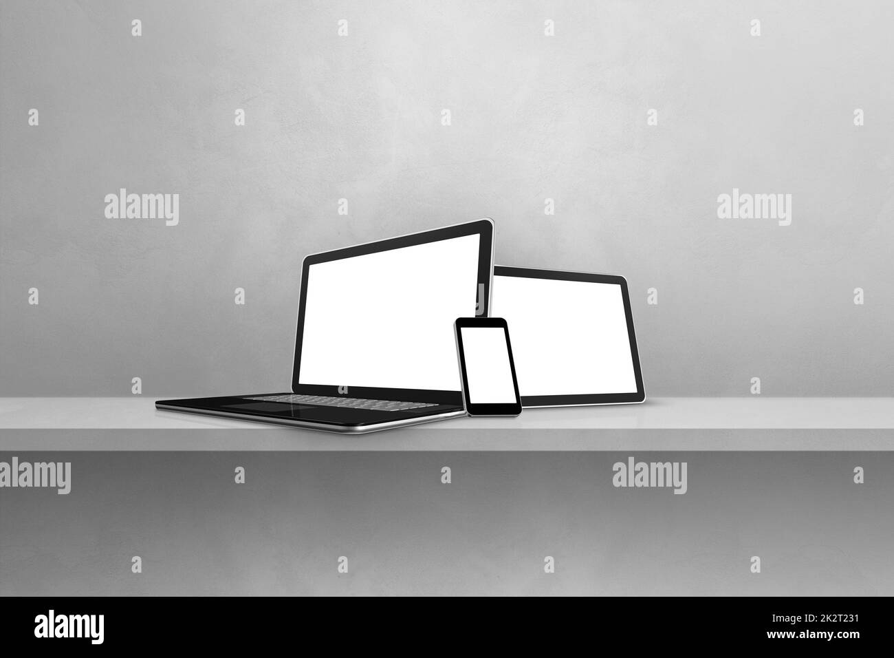 Laptop, telefono cellulare e tablet pc digitale su scaffale grigio a parete. Sfondo orizzontale Foto Stock