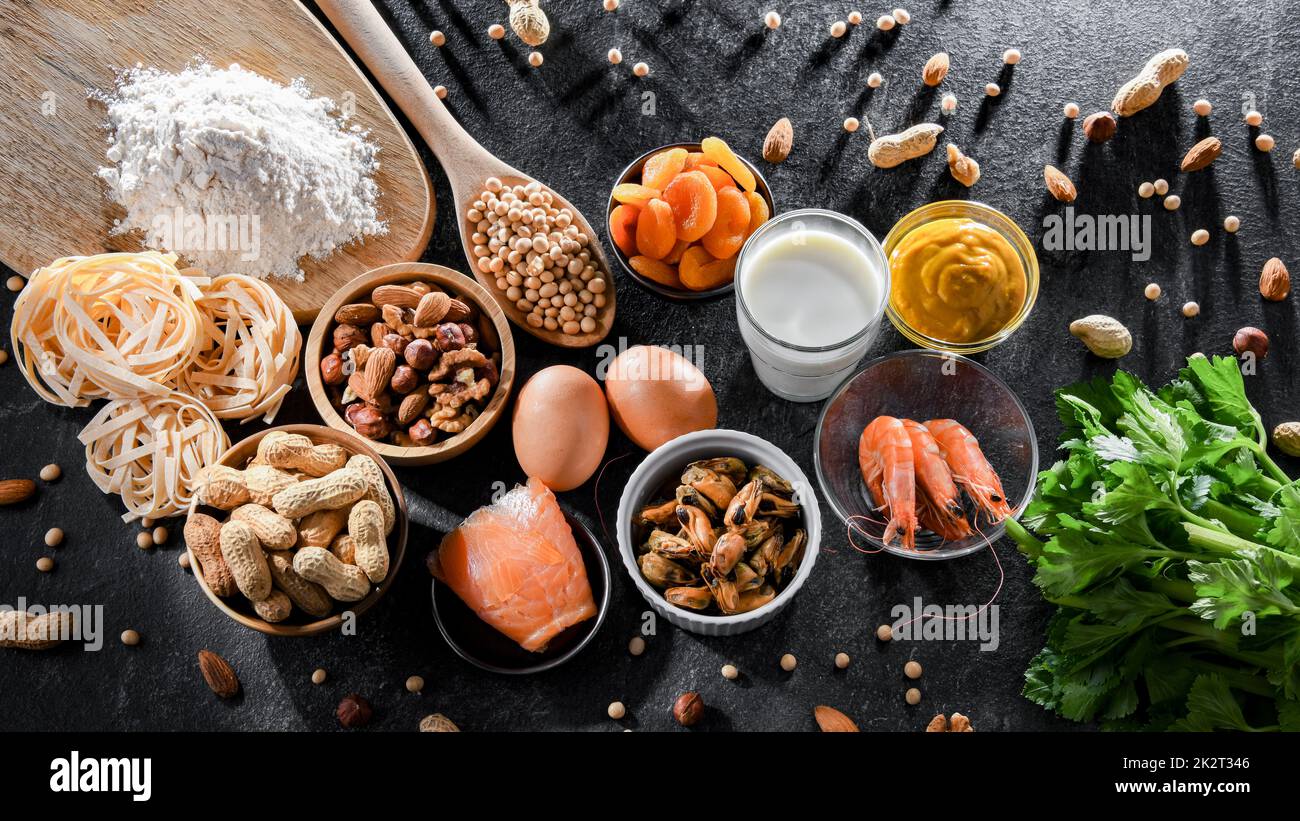 Composizione con allergeni alimentari comuni Foto Stock