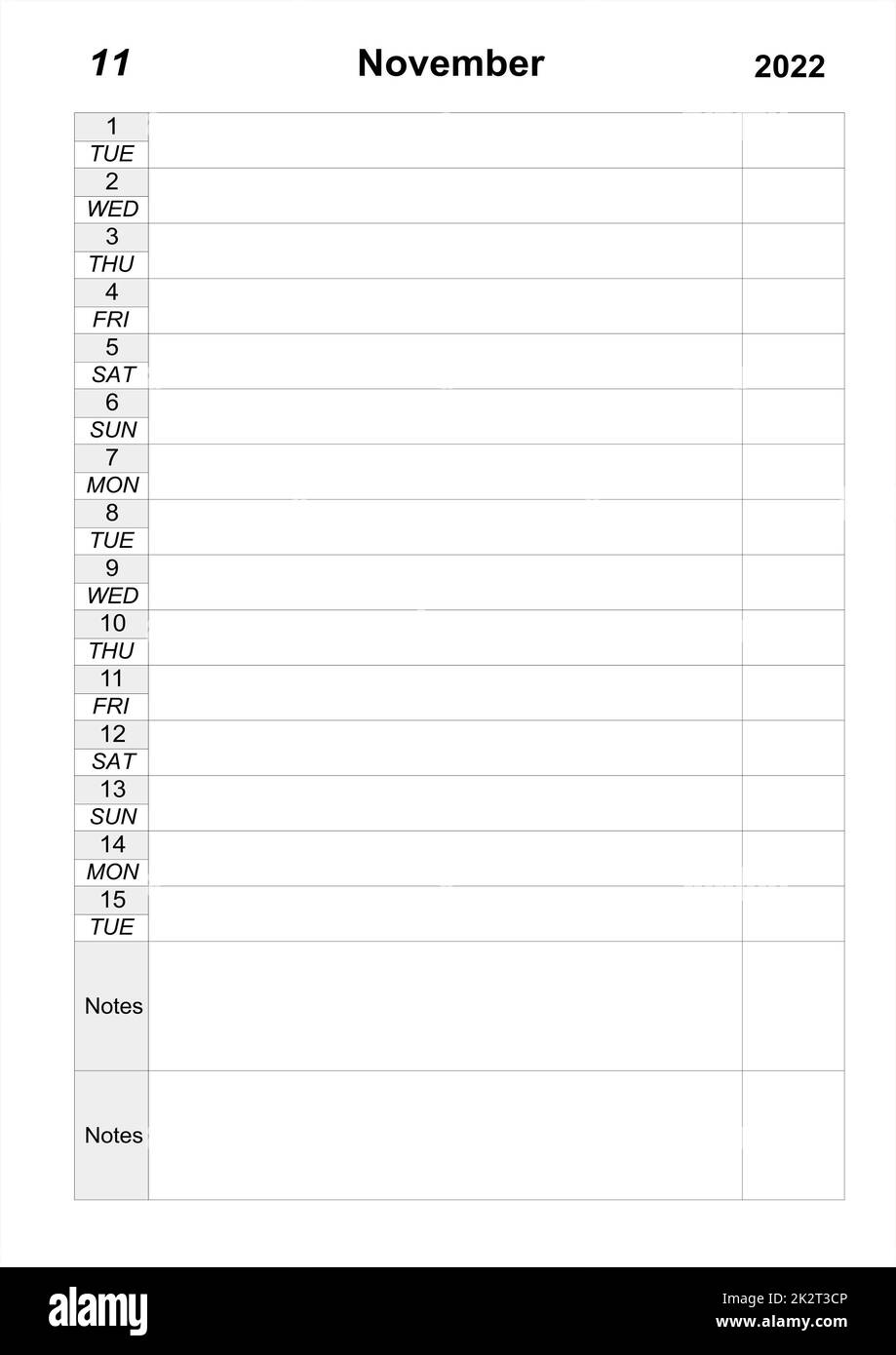 Calendario per la prima metà di novembre 2022. organizzatore di lavoro Foto Stock
