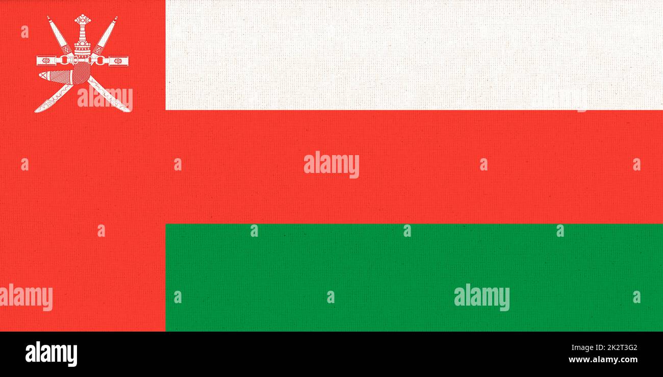 Bandiera di Sultanato di Oman. Trama del tessuto. Simbolo nazionale. Foto Stock