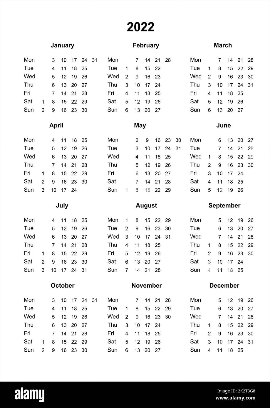 Calendario 2022. Calendario stampabile per 2022. Stile minimalista Foto Stock