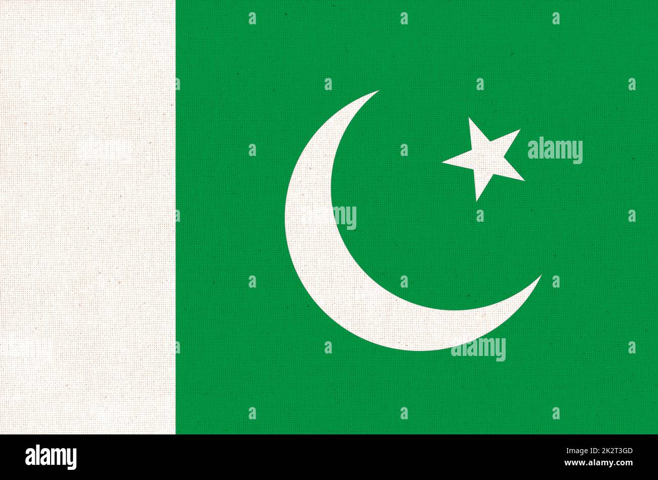 Bandiera della Repubblica islamica del Pakistan. Bandiera pakistana su superficie di tessuto Foto Stock