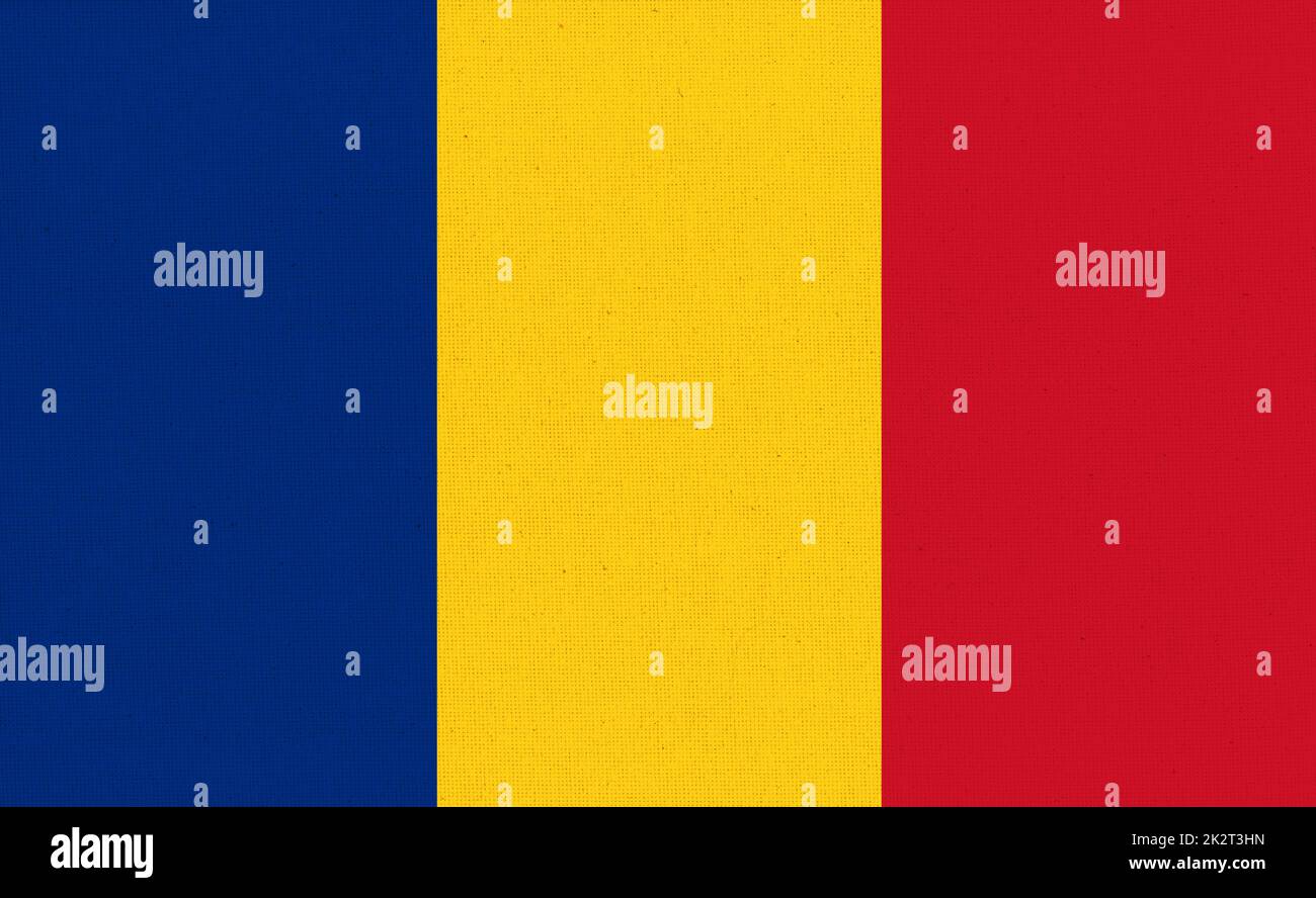 Bandiera della Romania. Bandiera rumena sulla tessitura. Simbolo nazionale rumeno Foto Stock