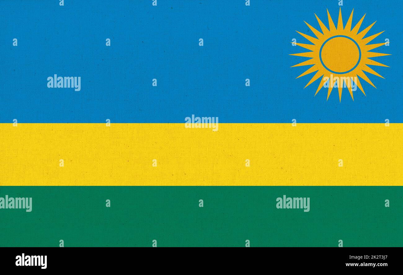 Bandiera del Ruanda. Bandiera del Ruanda sulla struttura del tessuto. Simbolo nazionale. Foto Stock