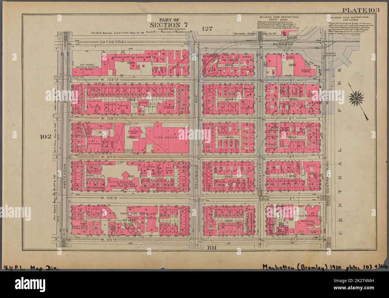 Cartografica, Mappe. 1930. Lionel Pincus e la Principessa Firyal Map Division. Real Property , New York (state) , New York, Manhattan (New York, N.Y.) Piastra 103, parte della sezione 7: Delimitata da Cathedral Parkway, Central Park West, W. 105th Street e Amsterdam Avenue Foto Stock