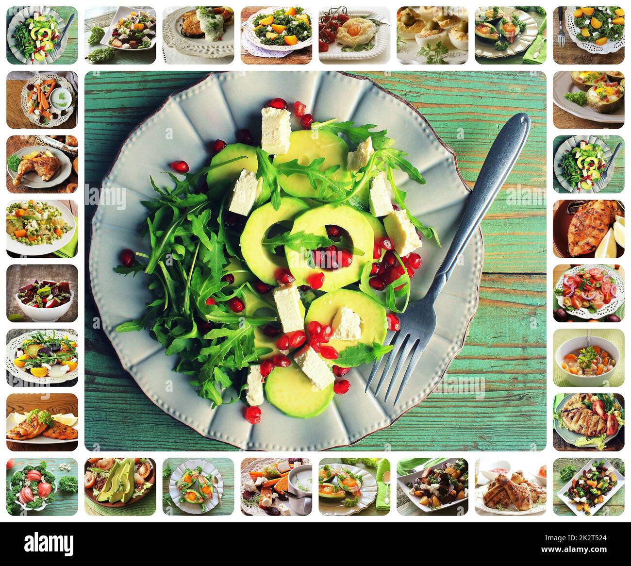 Collage di idoneità alimentare. Sana colazione set. Vegetariano insalata di nutrienti. Foto Stock