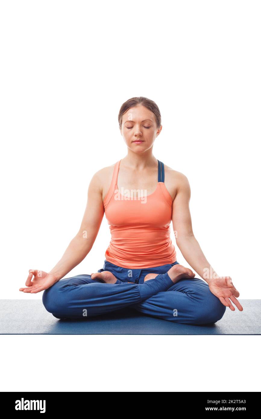 Donna meditando di Yoga asana Padmasana Lotus pongono Foto Stock