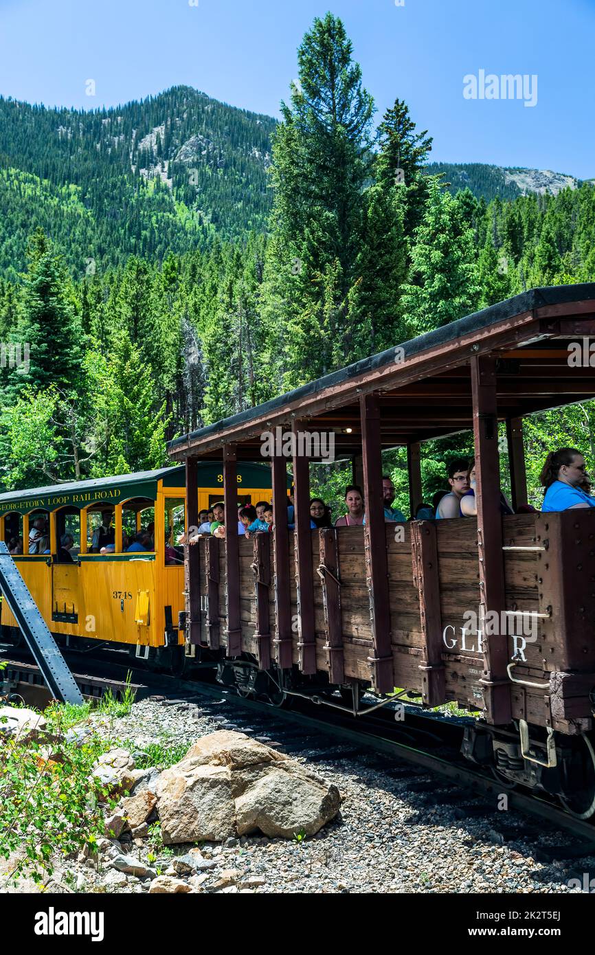 Le autovetture, storica Georgetown Loop Railroad, Georgetown, Colorado, STATI UNITI D'AMERICA Foto Stock