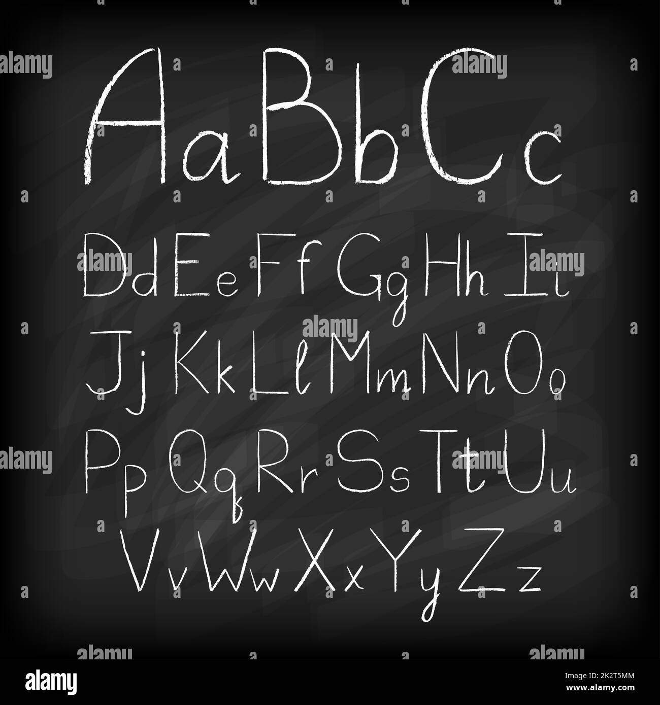 Lavagna a gesso lettere dell'alfabeto disegnate a mano. Foto Stock
