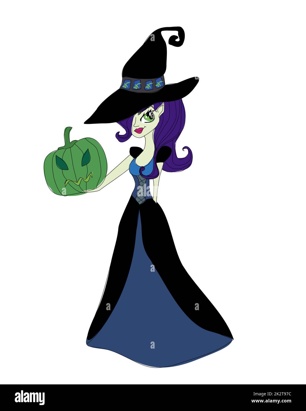 Halloween strega in piedi con zucche Foto Stock