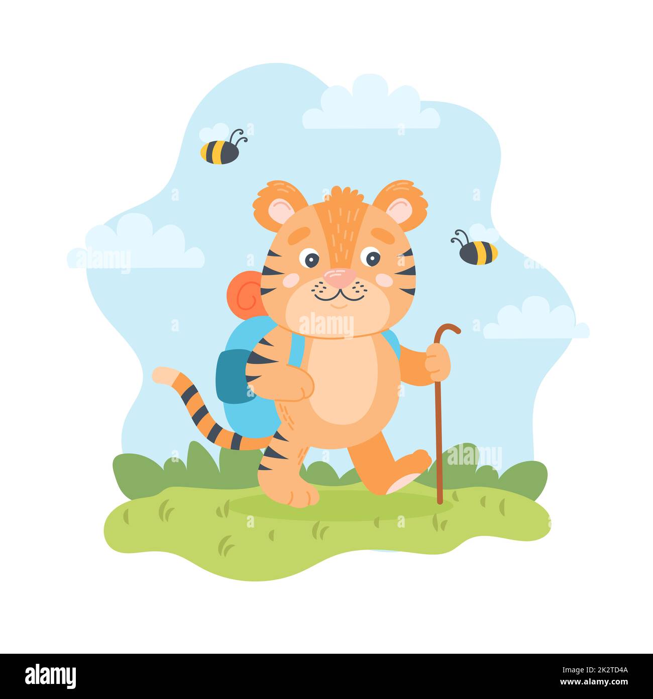 Trekking Tiger con zaino in natura. Carattere estivo, attività all'aperto. Simpatica illustrazione vettoriale stagionale in stile cartoon piatto Illustrazione Vettoriale