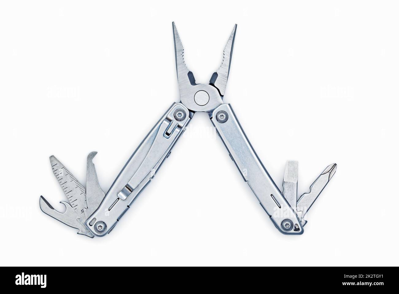 Metal multitool isolato su bianco Foto Stock