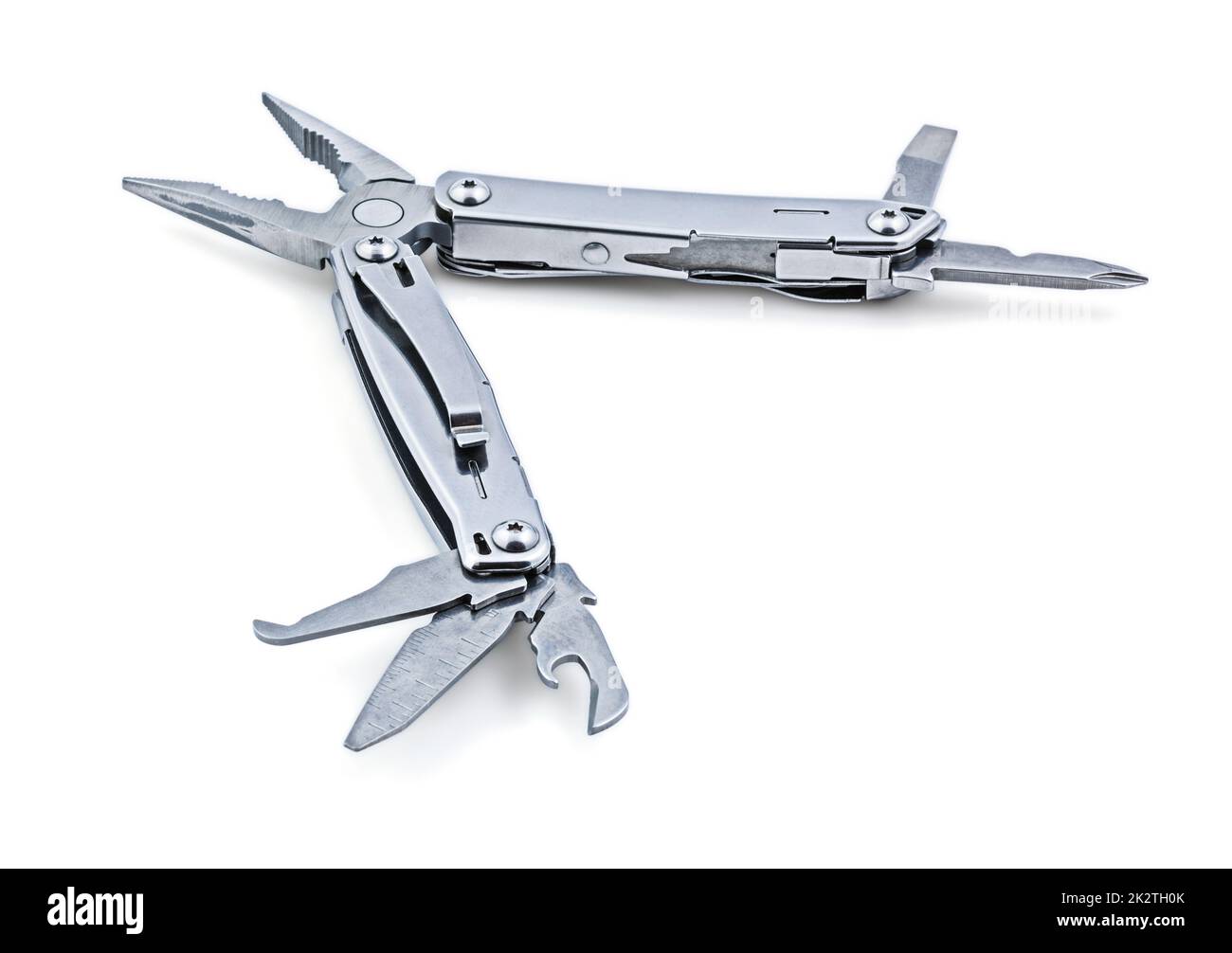Metal multitool isolato su bianco Foto Stock