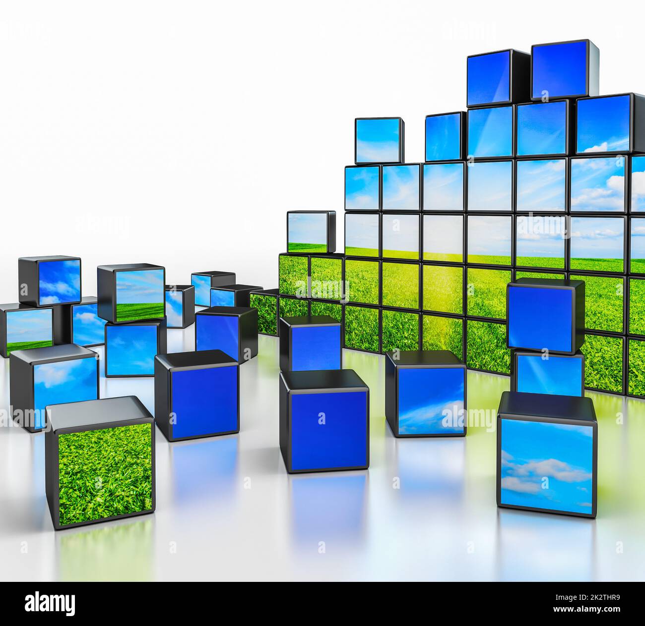 Cubi con immagine orizzontale su sfondo bianco Foto Stock