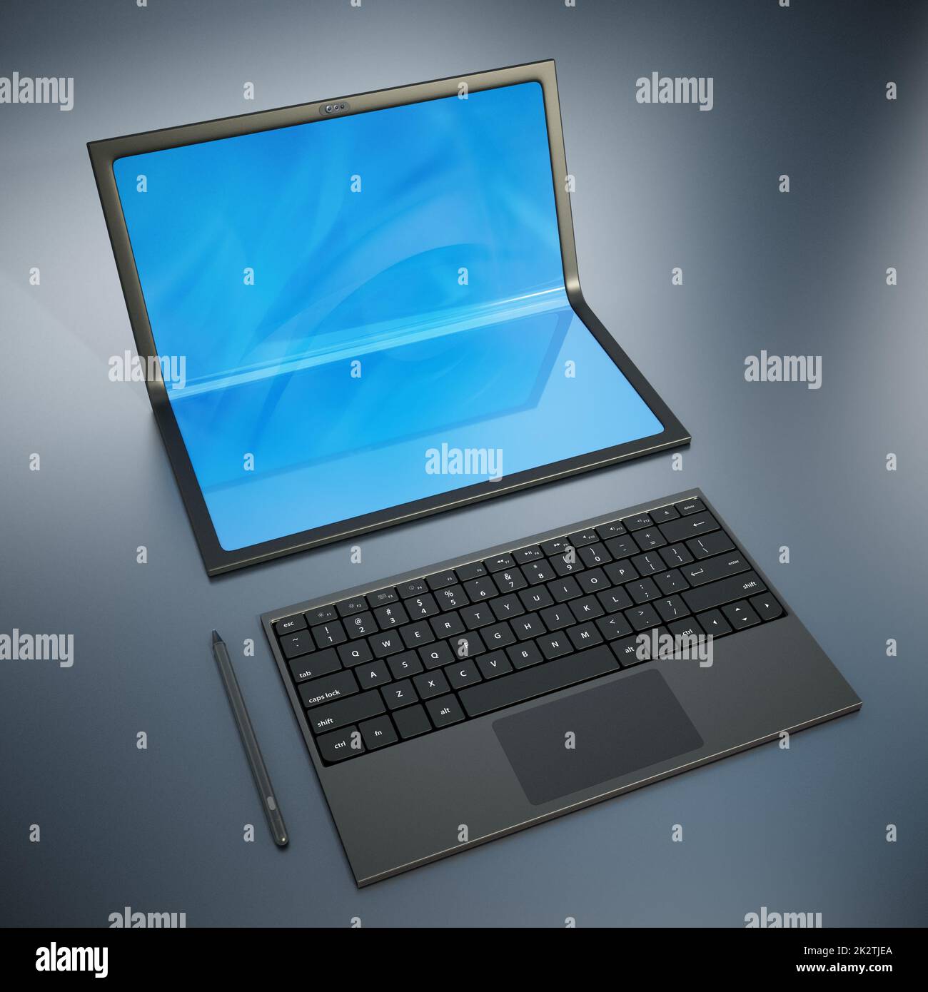 Computer portatile futuristico con schermo pieghevole e penna. Illustrazione 3D Foto Stock