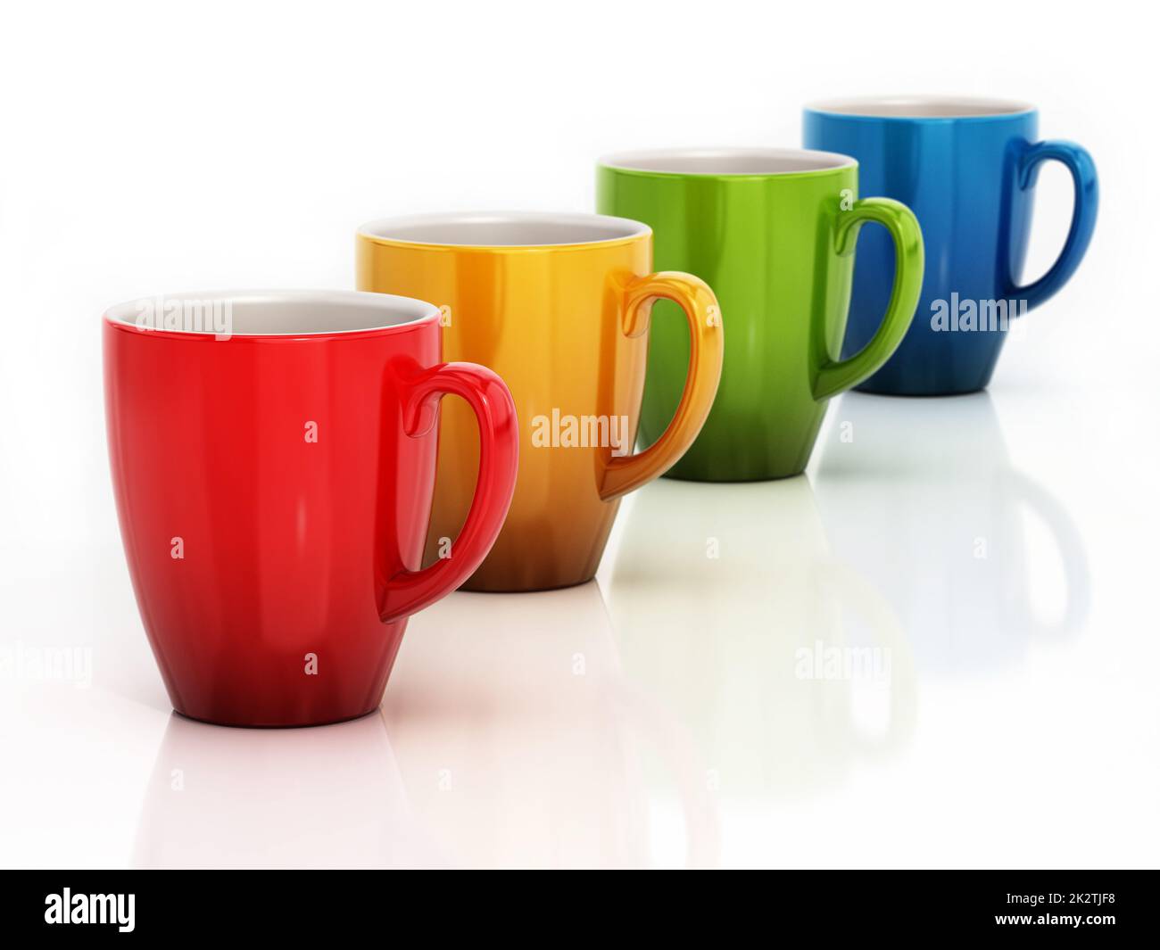 Tazze di caffè in porcellana colorate isolate su sfondo bianco. Illustrazione 3D Foto Stock