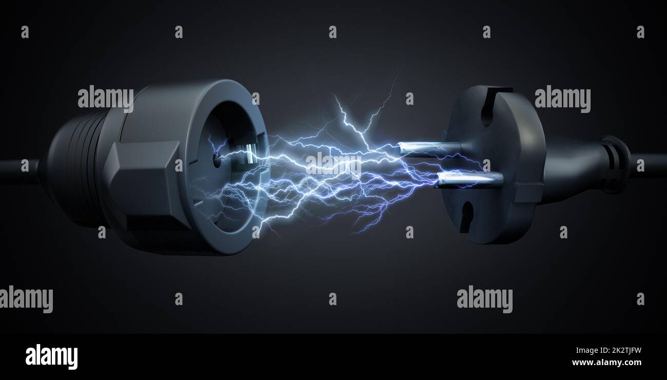 Si illumina tra la spina elettrica e la presa di alimentazione. Concetto di energia elettrica. Illustrazione 3D Foto Stock