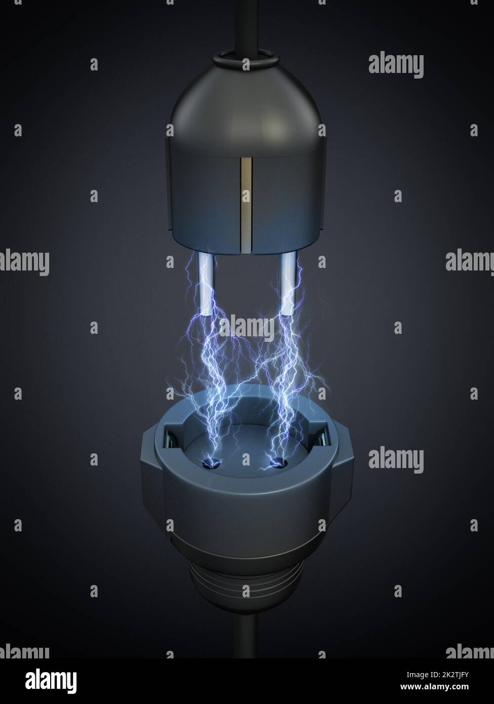 Si illumina tra la spina elettrica e la presa di alimentazione. Concetto di energia elettrica. Illustrazione 3D Foto Stock